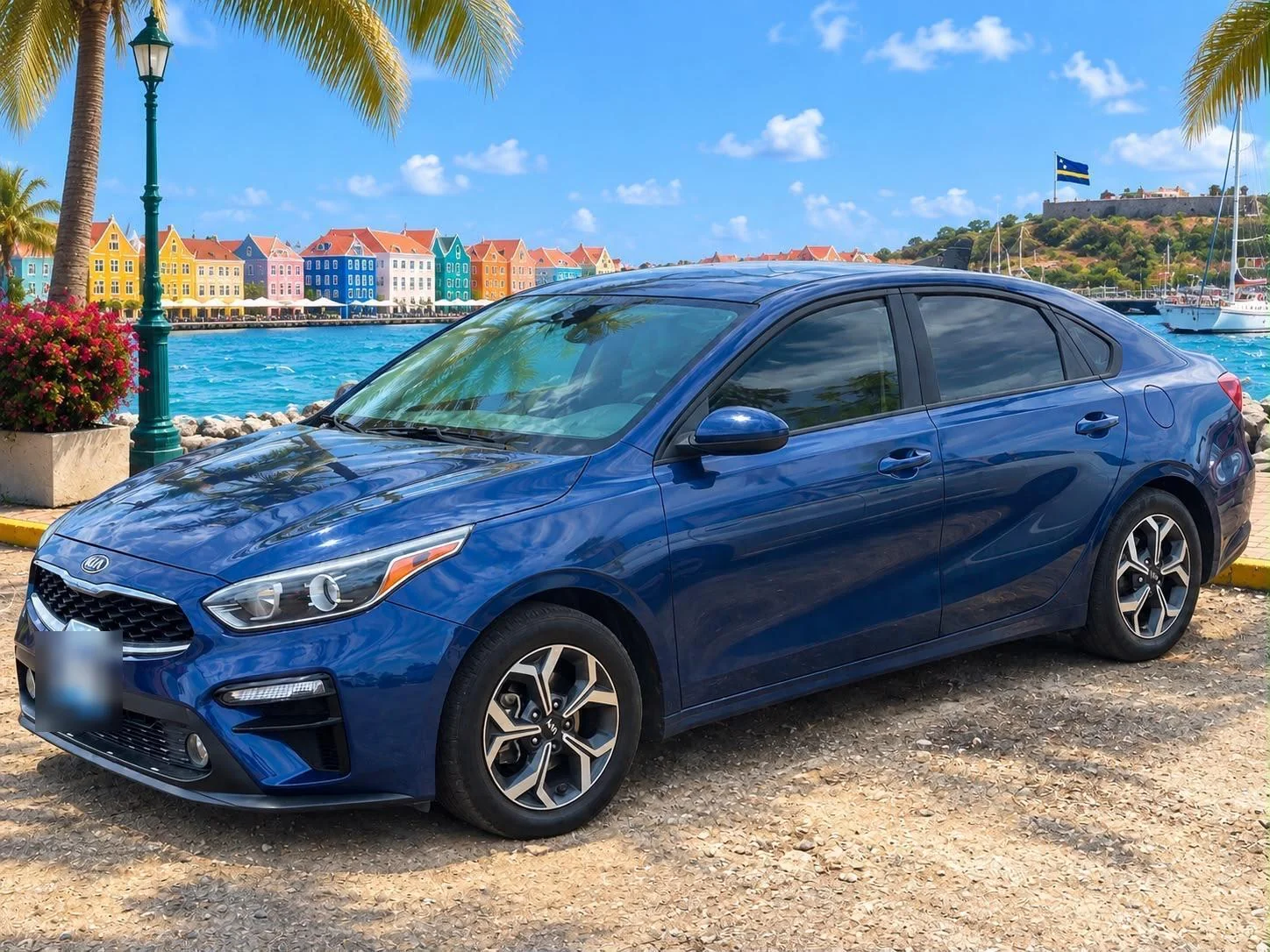 Blue Kia Forte sedan, front three-quarter view