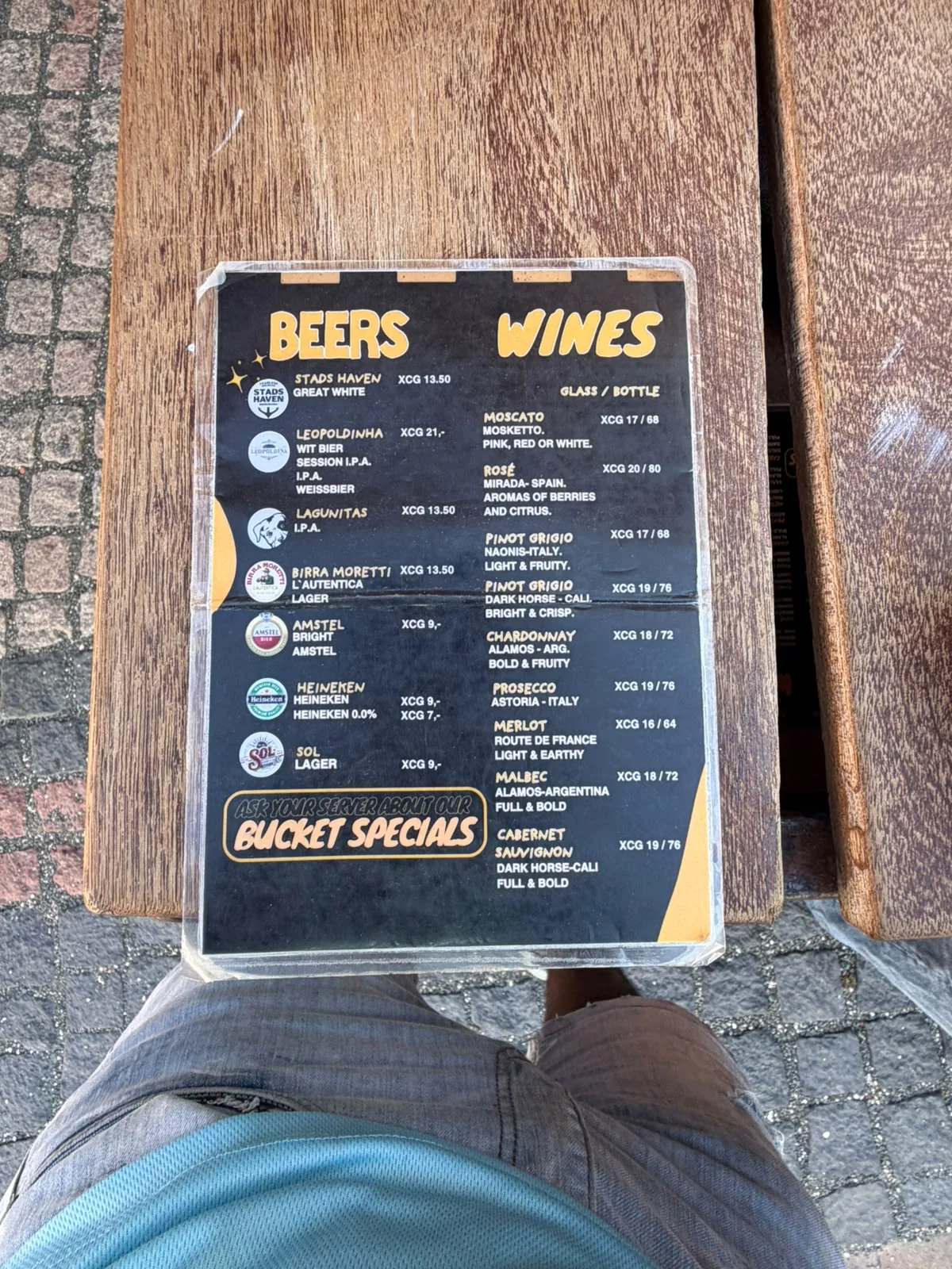 BRGR Haus drinks card listing beers and wines with glass and bottle prices.