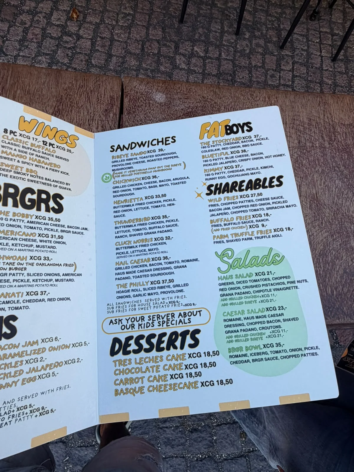 Inside spread of the BRGR Haus menu with sandwiches, Fatboys, shareables, salads and desserts.