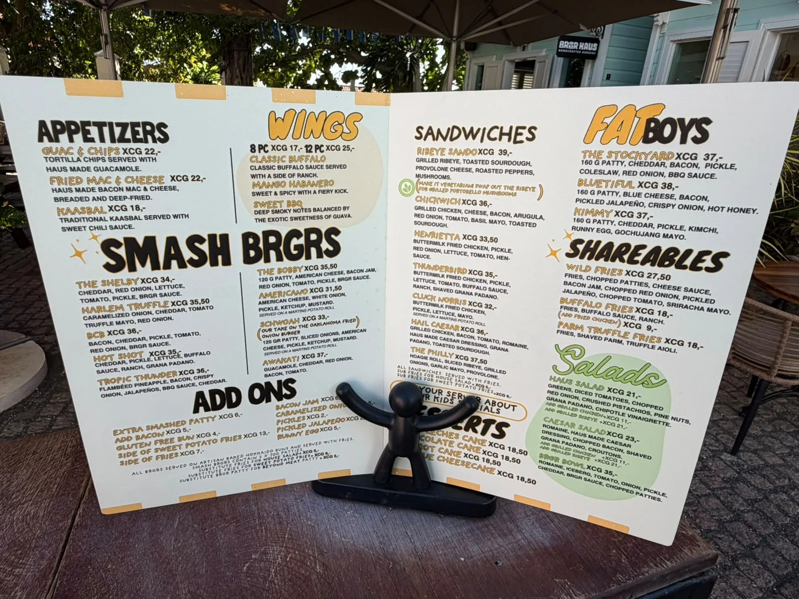 BRGR Haus menu board listing appetizers, wings, smash burgers, add-ons, sandwiches, Fatboys, shareables and salads.